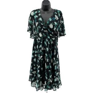 DKNY Fit & Flare Dress WMNS 12 Forest Green V Neck Cape Sleeve Waist Tie Floral